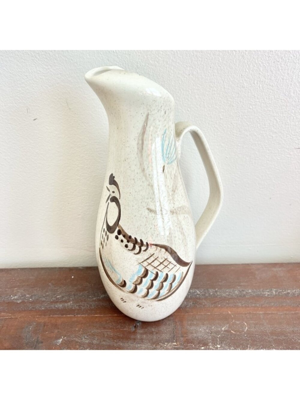 Red Wing Pottery Quail 11.5” Stoneware Ewer Pitcher Speckled Ivory USA MCM